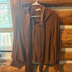 Ivy City Co Brown Blouse With Bow Tie